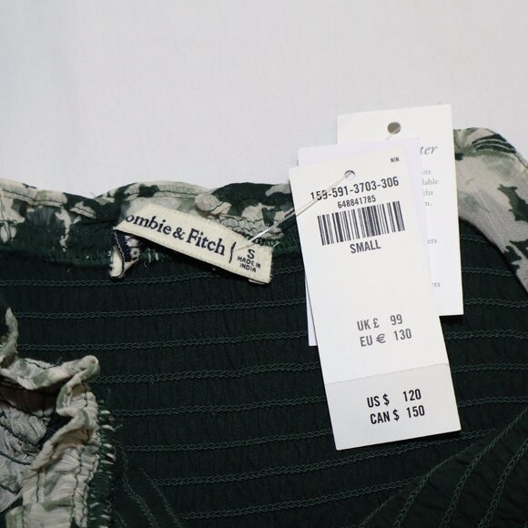 Abercrombie & Fitch Smocked Midi Dress Tie Straps Ruffle Green Floral Size S NWT - Picture 4 of 8